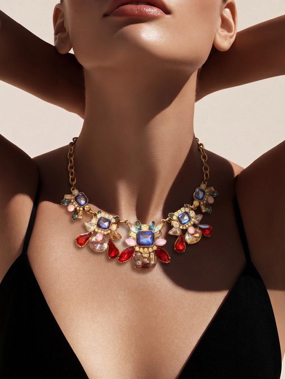 Ann Taylor Vintage Gold-Tone Multicolor Gem Necklace with Red & Blue Accents